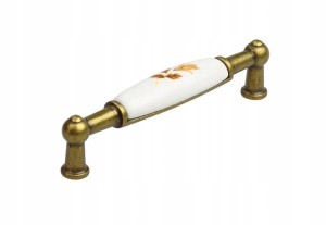 Uchwyt meblowy retro liście porcelana/ stare złoto